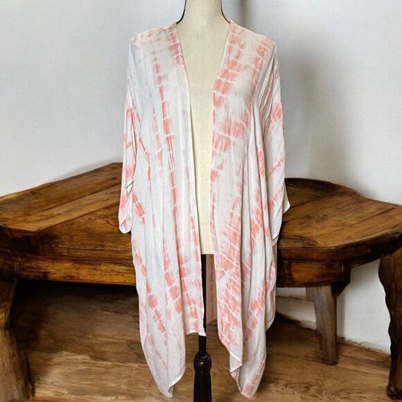 NWT Pink Lily Women’s Kimono Coral Sunset Tie Dye Size M Oversized Boho Coverup - Picture 1 of 8